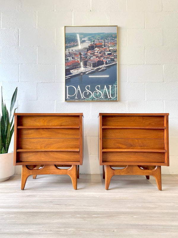 Mid Century Curved Front Walnut Nightstands (a pair)