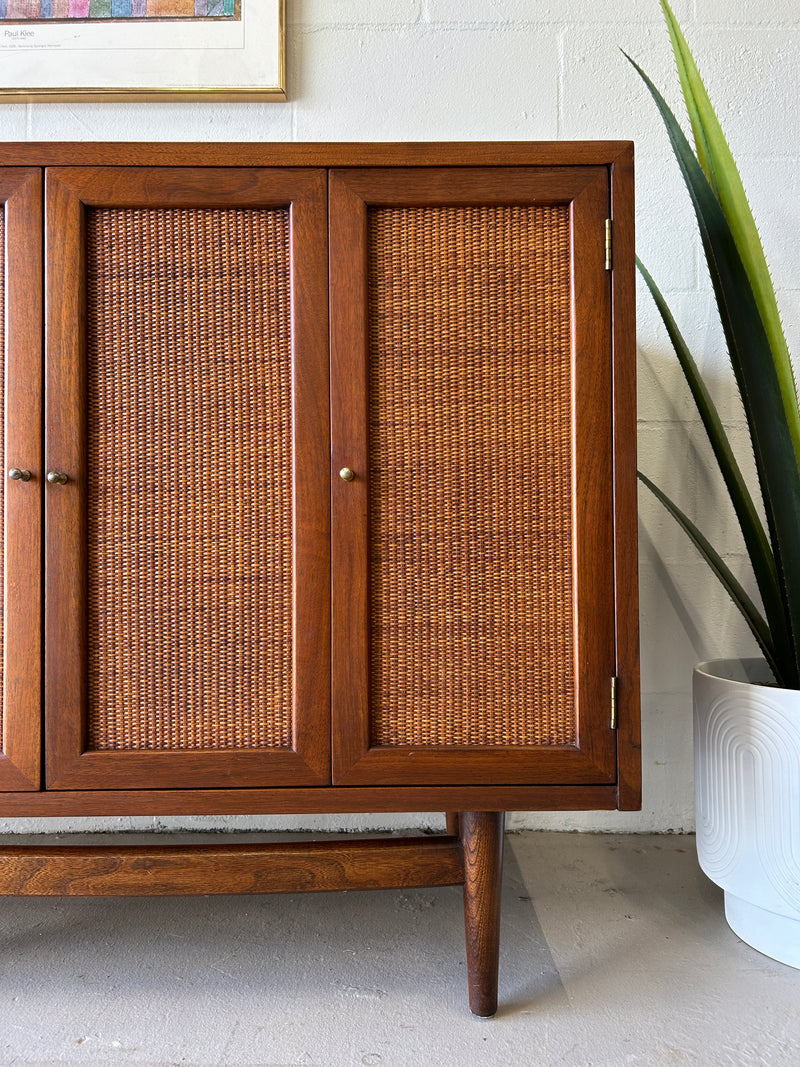 Mid century walnut and cane credenza by American of Martinsville