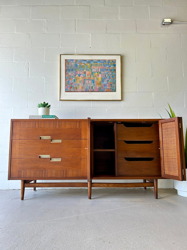 Mid century walnut and cane credenza by American of Martinsville