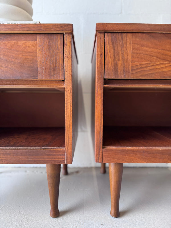 Mid Century Walnut Single Drawer Nightstands (Pair)