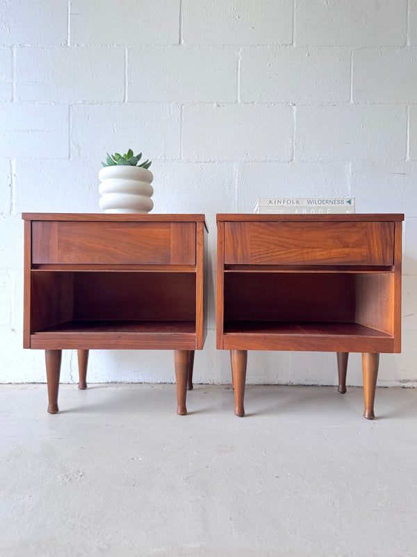 Mid Century Walnut Single Drawer Nightstands (Pair)