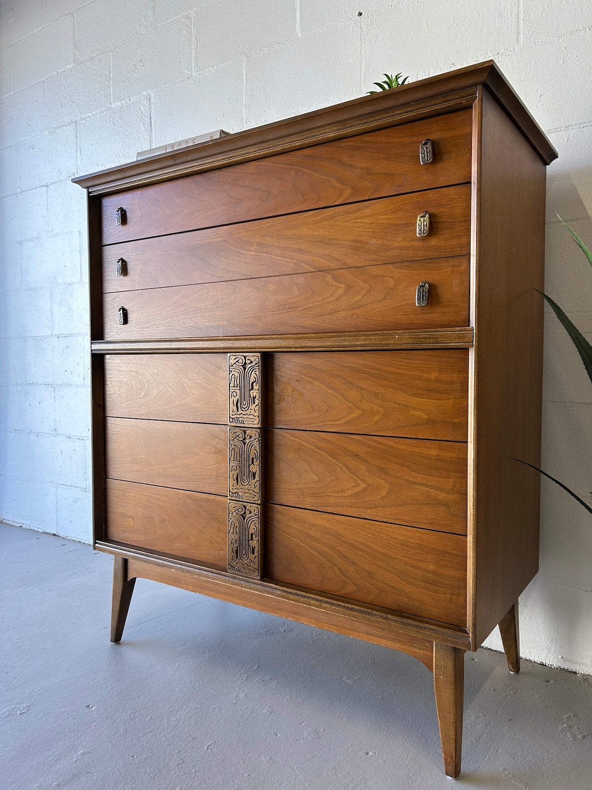 bassett mid century modern dresser Vintage Furniture "Aztec" Walnut & Mirror Designed by Leo Jiranek Mayan Walnut Boston Mid Century Modern Dipped Walnut Mid Century Modern