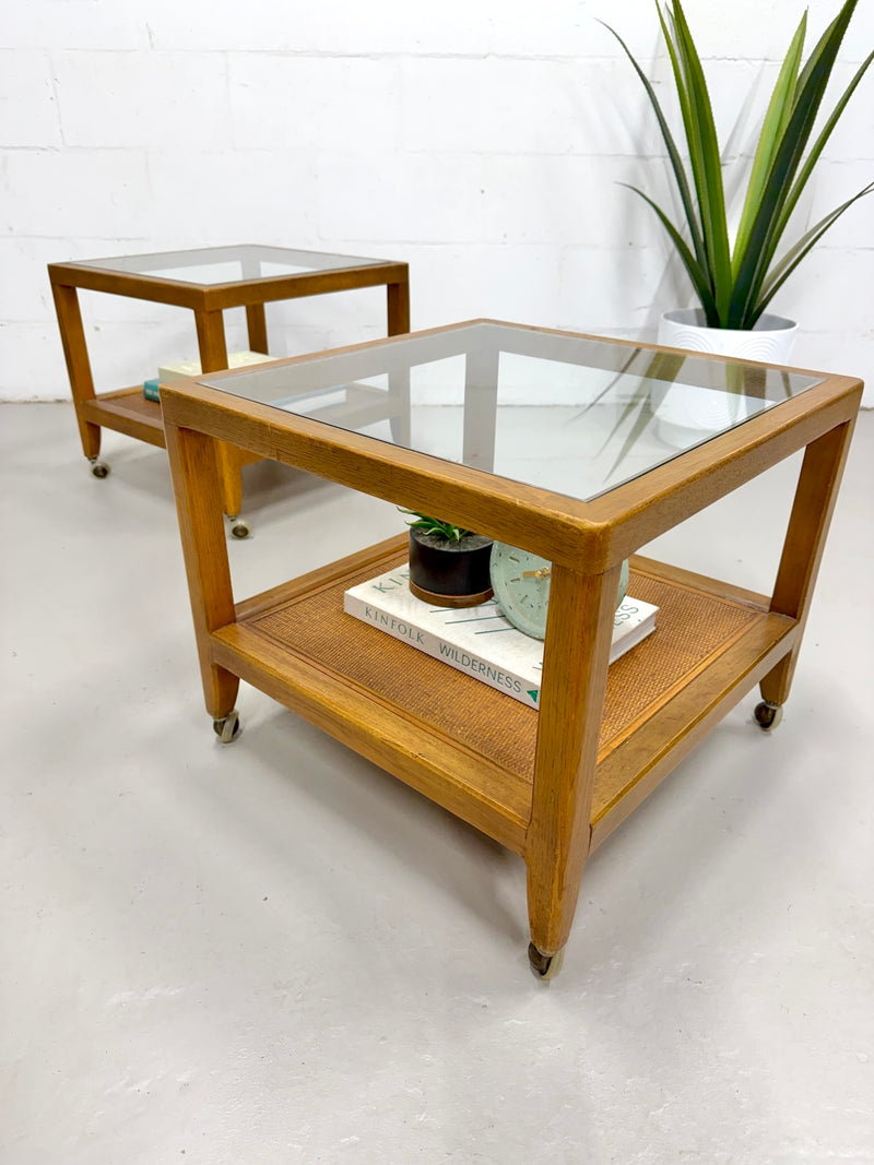 Vintage Glass Top Rolling Side Tables (A Pair)