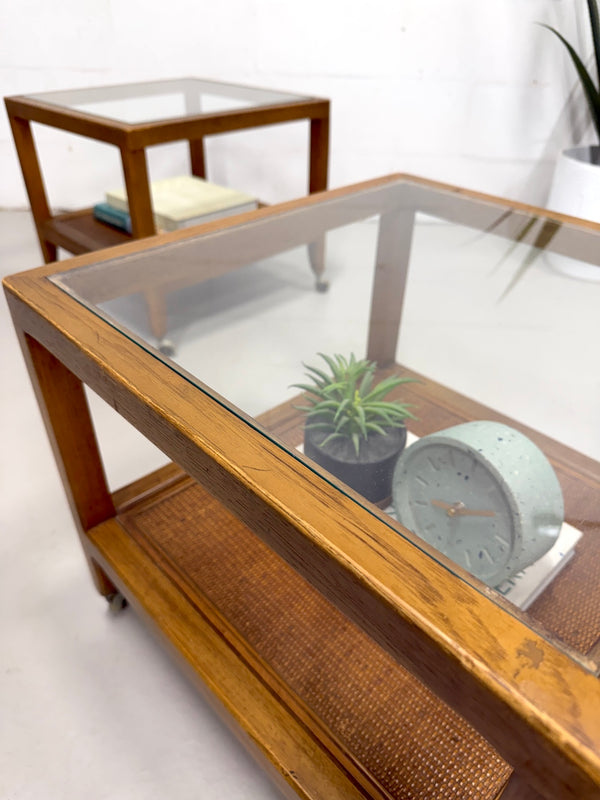 Vintage Glass Top Rolling Side Tables (A Pair)