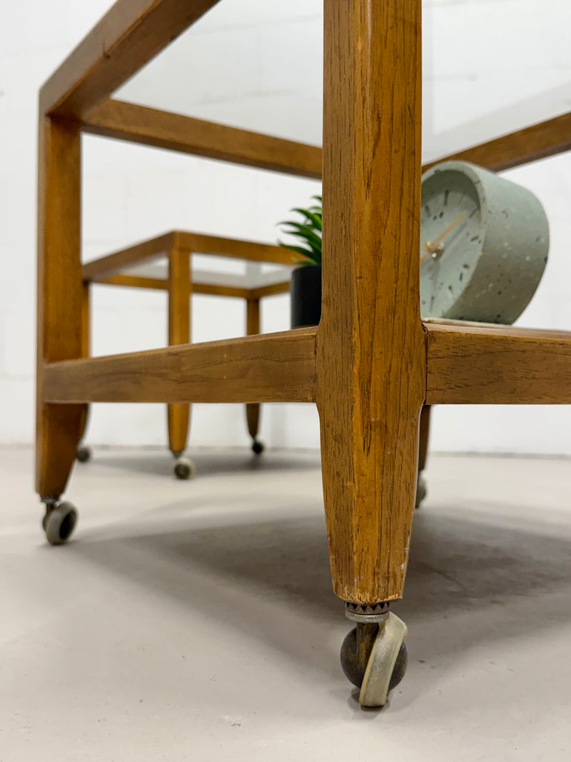 Vintage Glass Top Rolling Side Tables (A Pair)