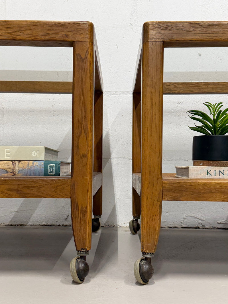 Vintage Glass Top Rolling Side Tables (A Pair)