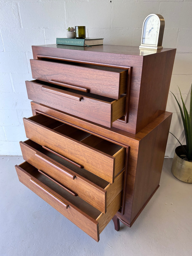 Mid Century Sculptural Walnut Highboy Chest