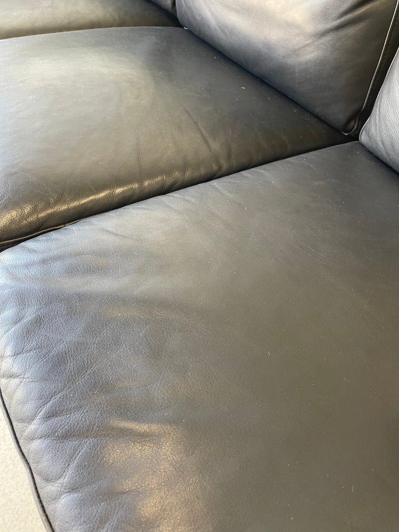 Danish Modern Teak and Black Leather Sofa