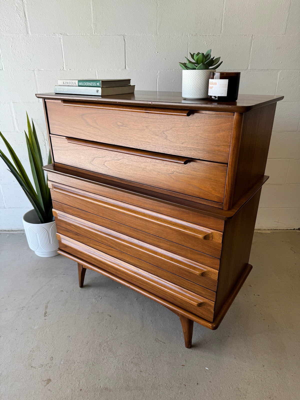 mid century vintage dresser Mid Century Highboy Dresser by United – Warehaus Orlando