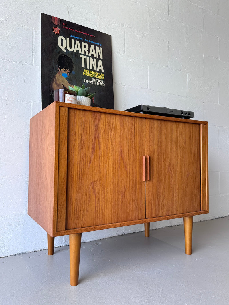 Danish modern teak tambour door cabinet