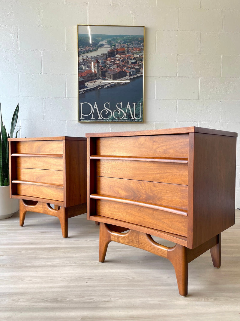 Mid Century Curved Front Walnut Nightstands (a pair)