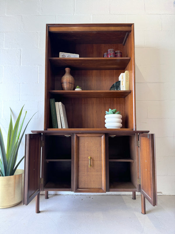 Mid Century Walnut and Cane Display/Storage Hutch