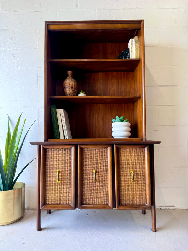 Mid Century Walnut and Cane Display/Storage Hutch