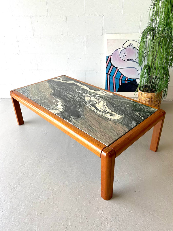 Danish modern teak marble top coffee table